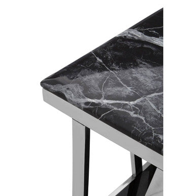 Ackley Silver Stainless Steel Side Table with Black Marble Top