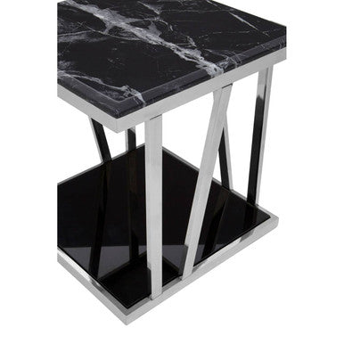 Ackley Silver Stainless Steel Side Table with Black Marble Top