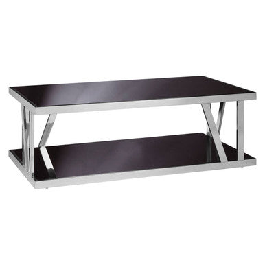Black Tempered Glass Two-Tier Design Coffee Table with Silver Stainless Steel Frame, Ackley