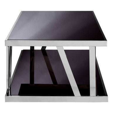 Black Tempered Glass Two-Tier Design Coffee Table with Silver Stainless Steel Frame, Ackley