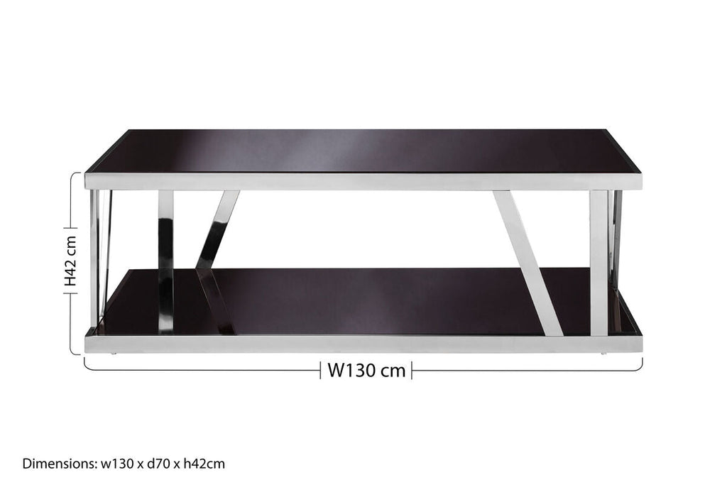 Ackley Silver Stainless Steel Rectangular Coffee Table with Black Glass Top