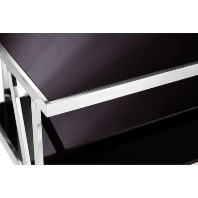 Ackley Silver Stainless Steel Rectangular Coffee Table with Black Glass Top