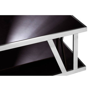 Black Tempered Glass Two-Tier Design Coffee Table with Silver Stainless Steel Frame, Ackley