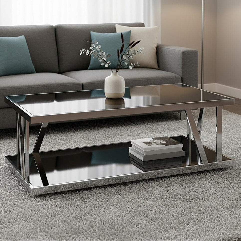Ackley Silver Stainless Steel Rectangular Coffee Table with Black Glass Top