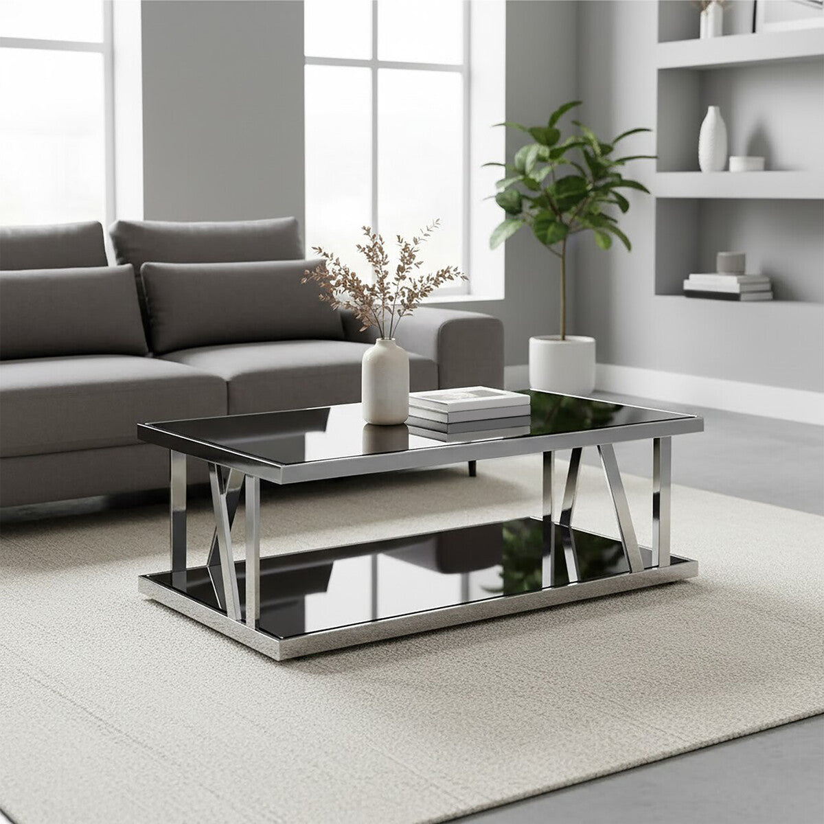 Ackley Silver Stainless Steel Rectangular Coffee Table with Black Glass Top