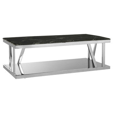 Black Marble Top and 1 Lower Shelf Coffee Table with Silver Stainless Steel Frame, Ackley