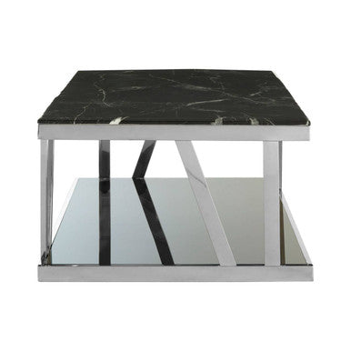 Black Marble Top and 1 Lower Shelf Coffee Table with Silver Stainless Steel Frame, Ackley
