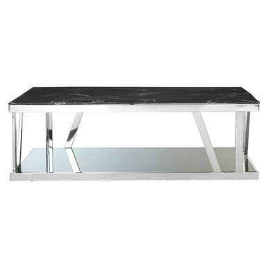 Ackley Silver Stainless Steel Coffee Table with Black Marble Top