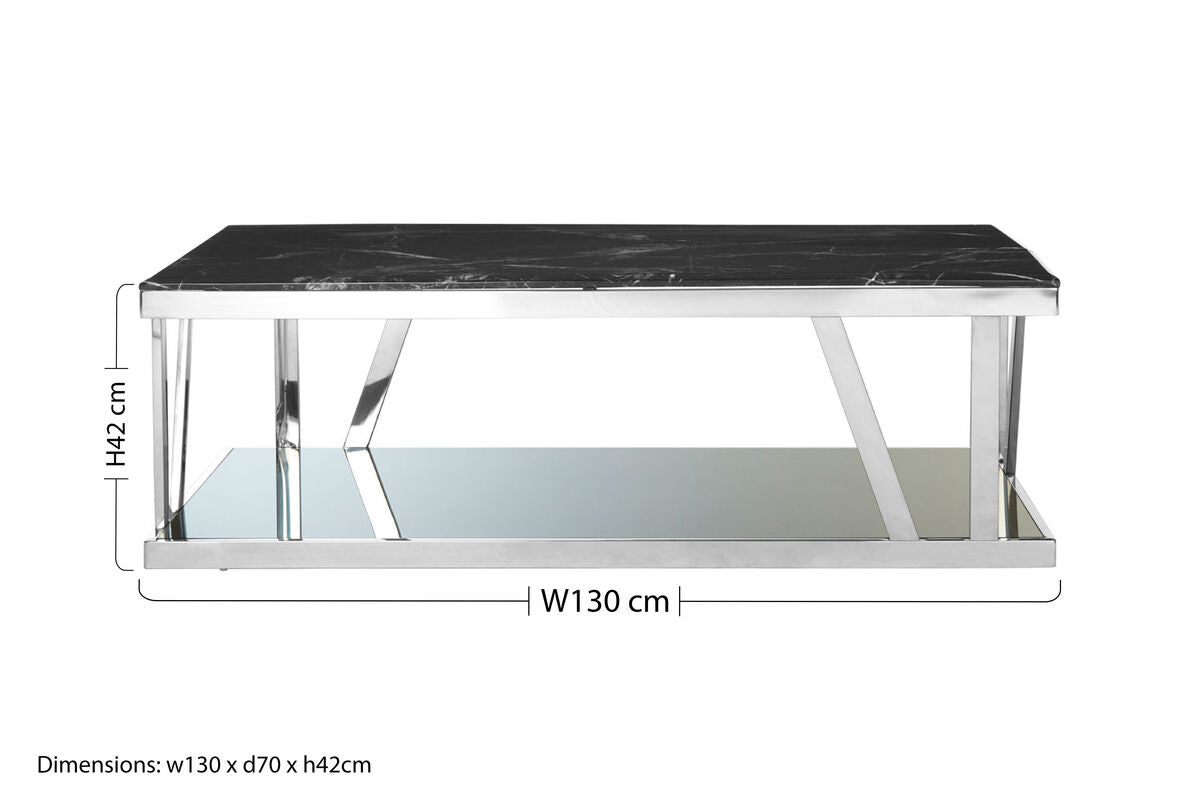 Black Marble Top and 1 Lower Shelf Coffee Table with Silver Stainless Steel Frame, Ackley