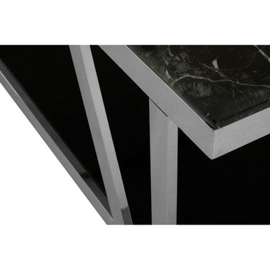 Black Marble Top and 1 Lower Shelf Coffee Table with Silver Stainless Steel Frame, Ackley