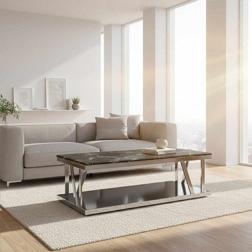 Ackley Silver Stainless Steel Coffee Table with Black Marble Top