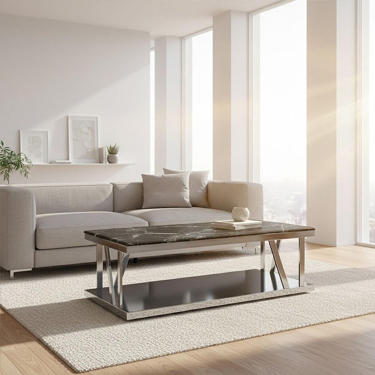 Black Marble Top and 1 Lower Shelf Coffee Table with Silver Stainless Steel Frame, Ackley
