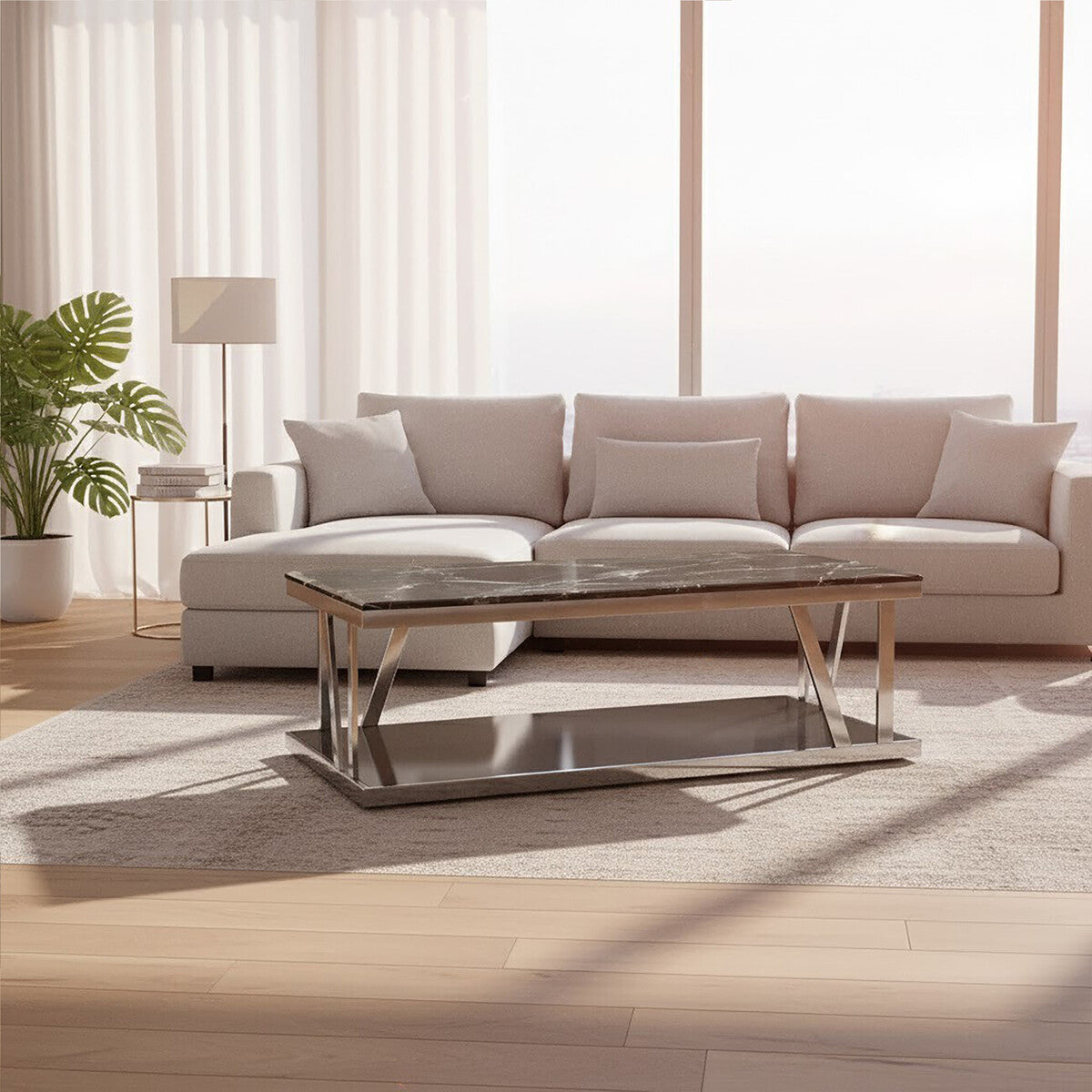 Black Marble Top and 1 Lower Shelf Coffee Table with Silver Stainless Steel Frame, Ackley