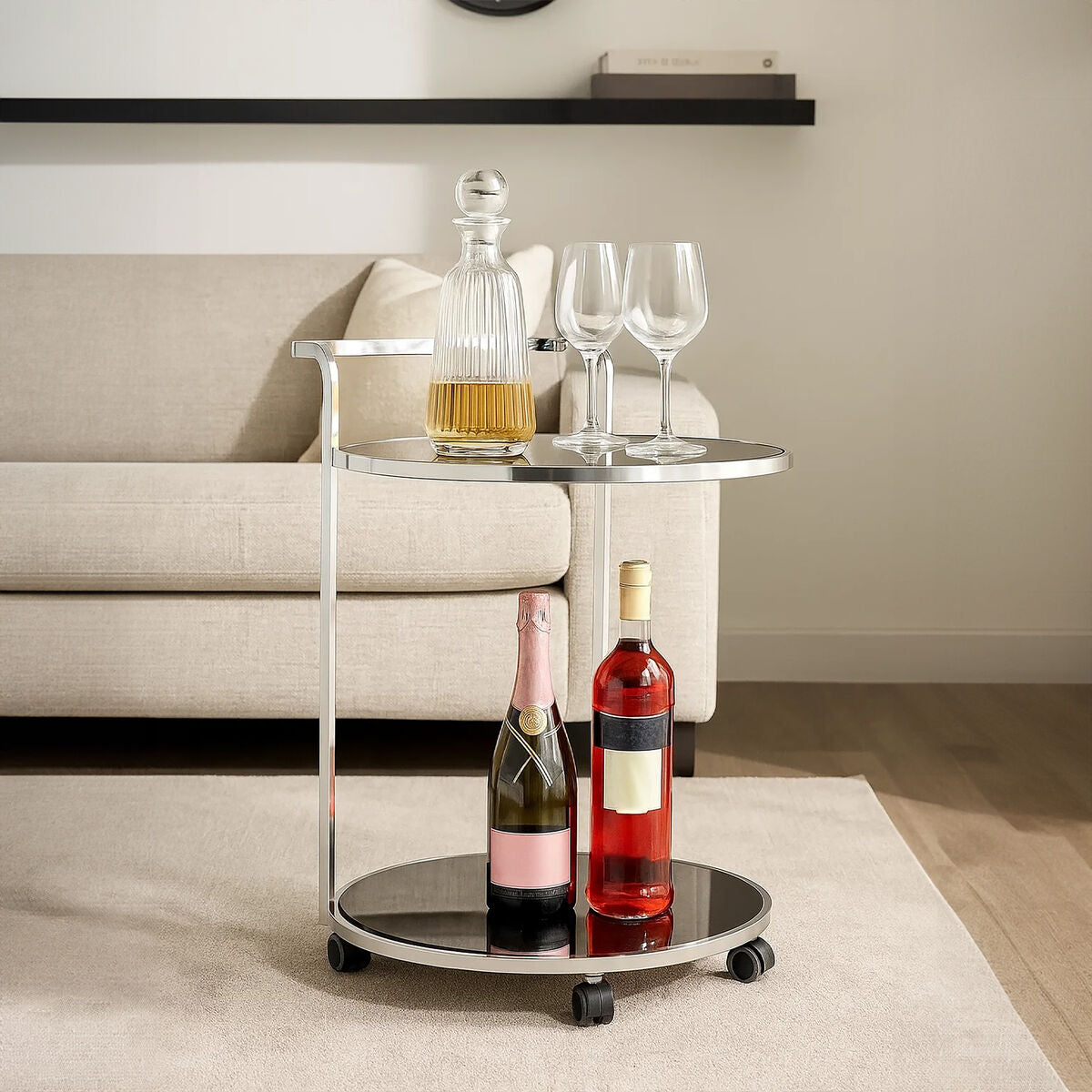 Ackley 2 Tier Silver Drinks Trolley With Black Glass