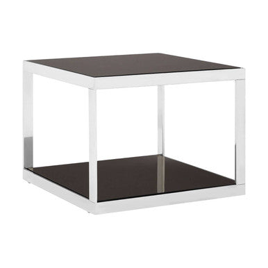 Black Tempered Glass Shelves Coffee Table with Silver Square Stainless Steel Frame, Ackley