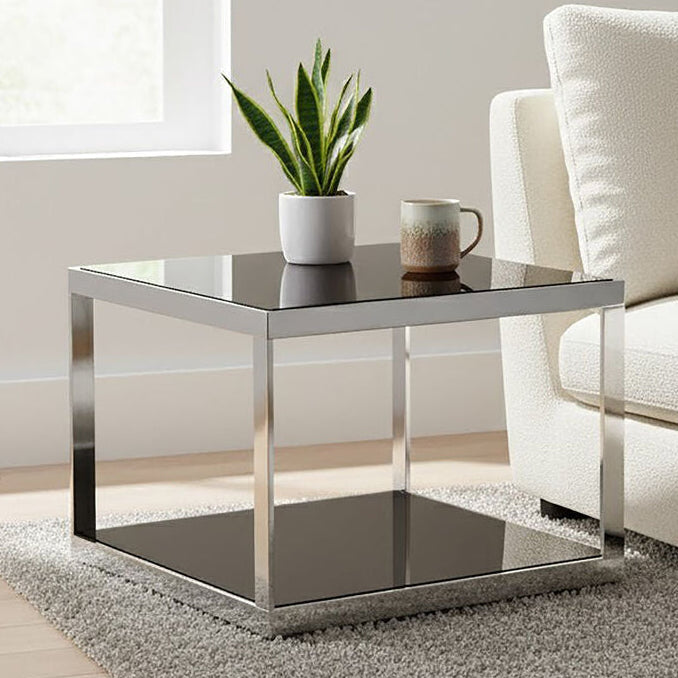 Black Tempered Glass Shelves Coffee Table with Silver Square Stainless Steel Frame, Ackley
