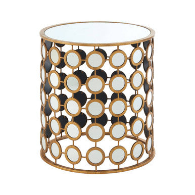 Gold Distressed Metal Mirror Side Table with Circular Mirrored Top, Zariah