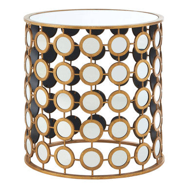 Gold Distressed Metal Mirror Side Table with Circular Mirrored Top, Zariah