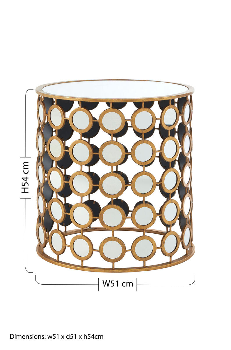 Gold Distressed Metal Mirror Side Table with Circular Mirrored Top, Zariah