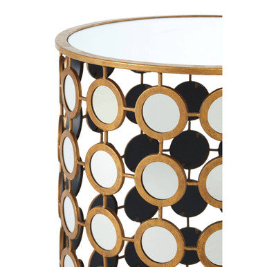 Gold Distressed Metal Mirror Side Table with Circular Mirrored Top, Zariah