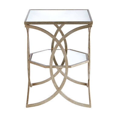 Tempered Glass Tops and 1 Lower Shelf Side Table with Silver Interlinked Geometric Metal Frame, Zariah