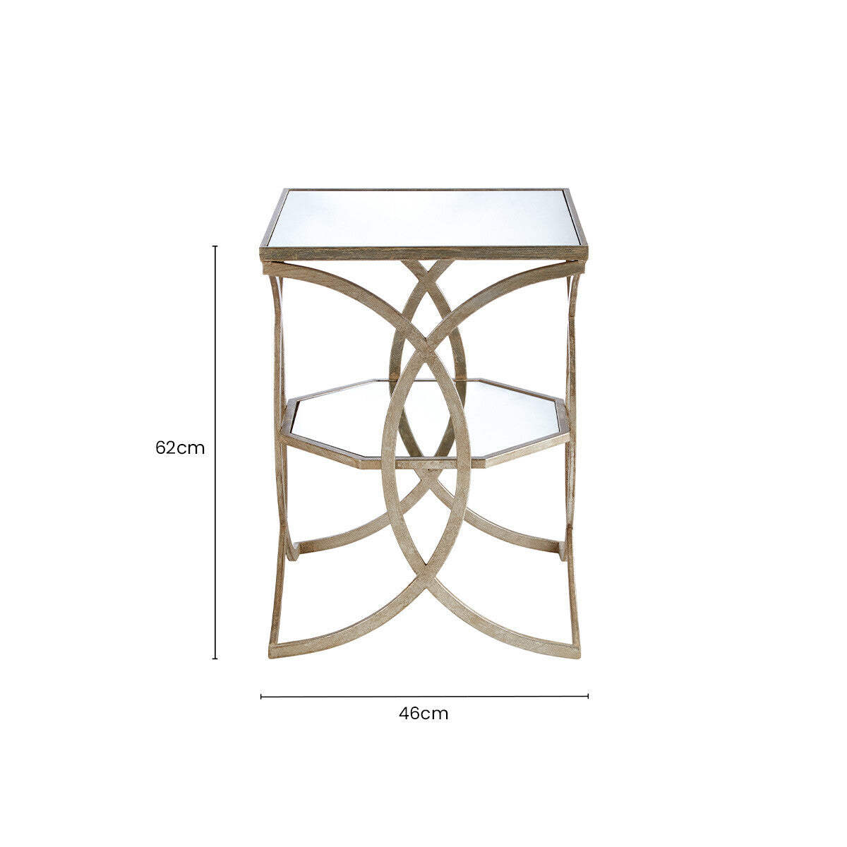 Tempered Glass Tops and 1 Lower Shelf Side Table with Silver Interlinked Geometric Metal Frame, Zariah