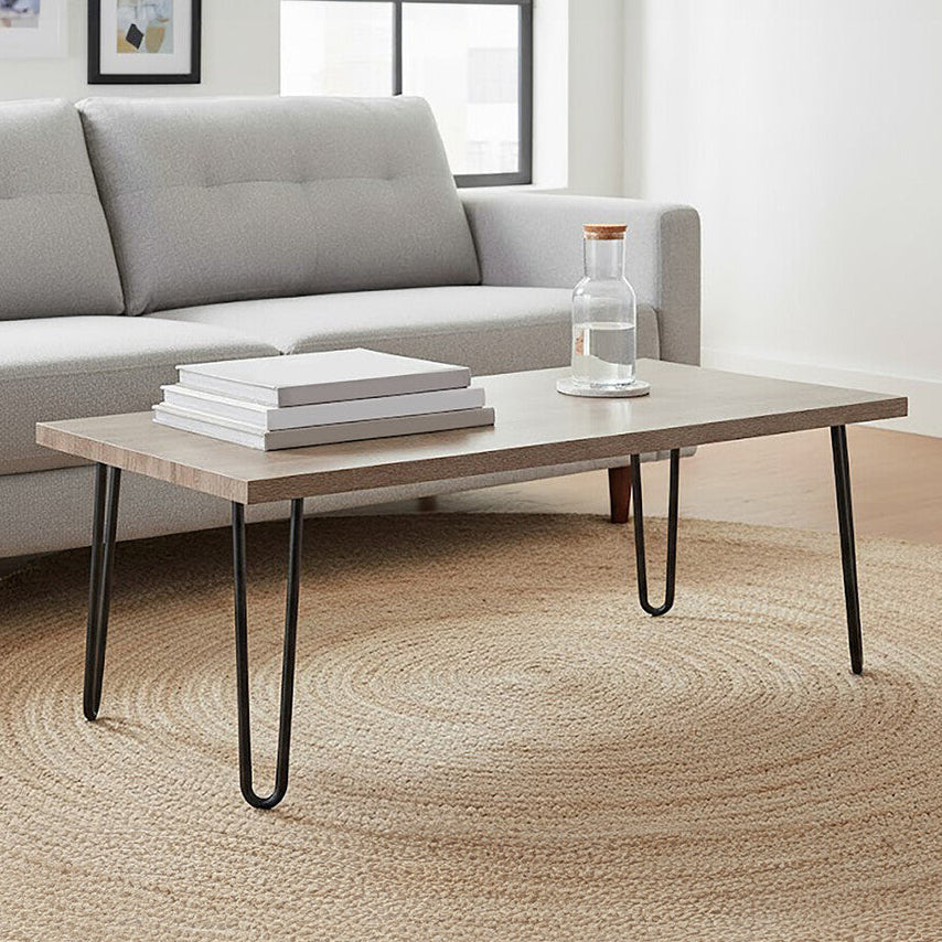 Natural Wood Effect Veneer Coffee Table with Black Metal Hairpin Legs, Borough