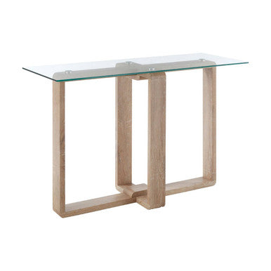 Clear Tempered Glass Top Console Table with Natural Wood Effect Legs, Barton
