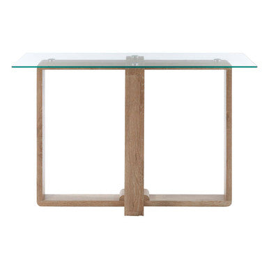 Clear Tempered Glass Top Console Table with Natural Wood Effect Legs, Barton