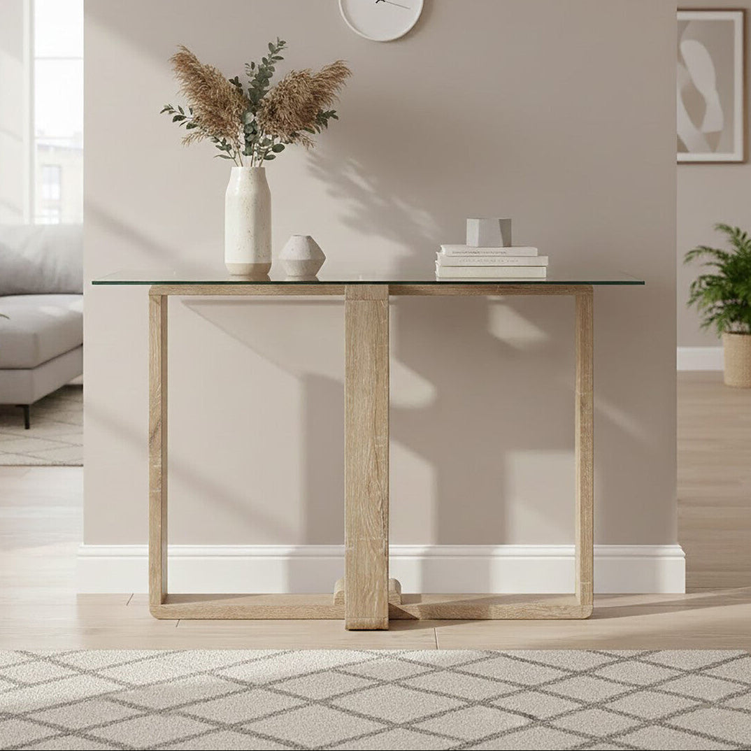 Clear Tempered Glass Top Console Table with Natural Wood Effect Legs, Barton