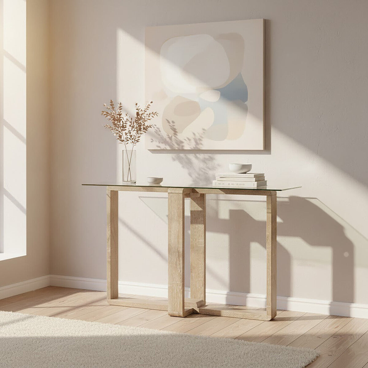 Clear Tempered Glass Top Console Table with Natural Wood Effect Legs, Barton