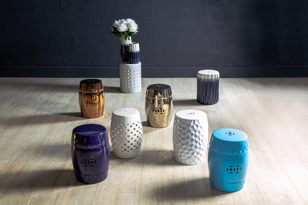 Azul Blue and White Ceramic Side Table and Stool with Fluted Design