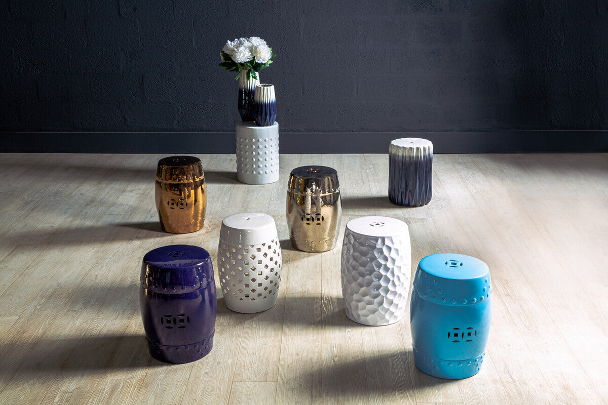 Azul Blue and White Ceramic Side Table and Stool with Fluted Design