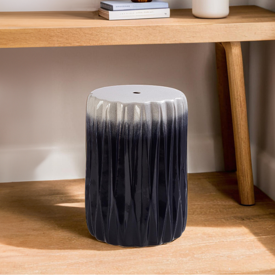 Ombre Blue and White Ceramic Side Table and Stool with Fluted Texture, Azul