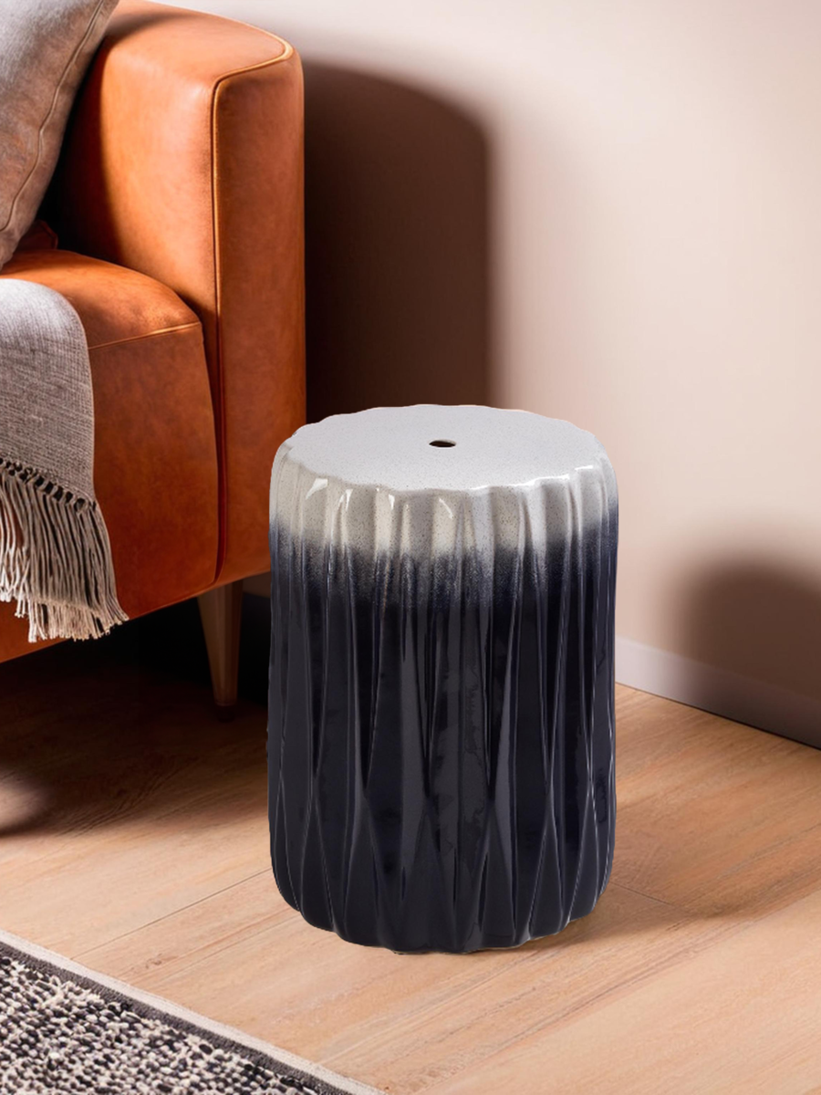 Azul Blue and White Ceramic Side Table and Stool with Fluted Design