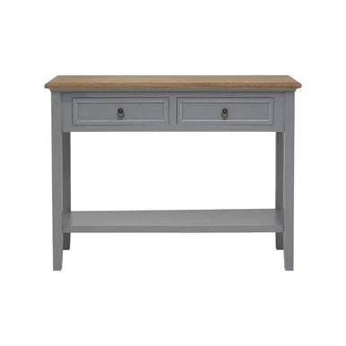 Natural Wooden Top and Grey Wooden Frame Console Table with 2 Drawers and Metal Ring Handles, Henley