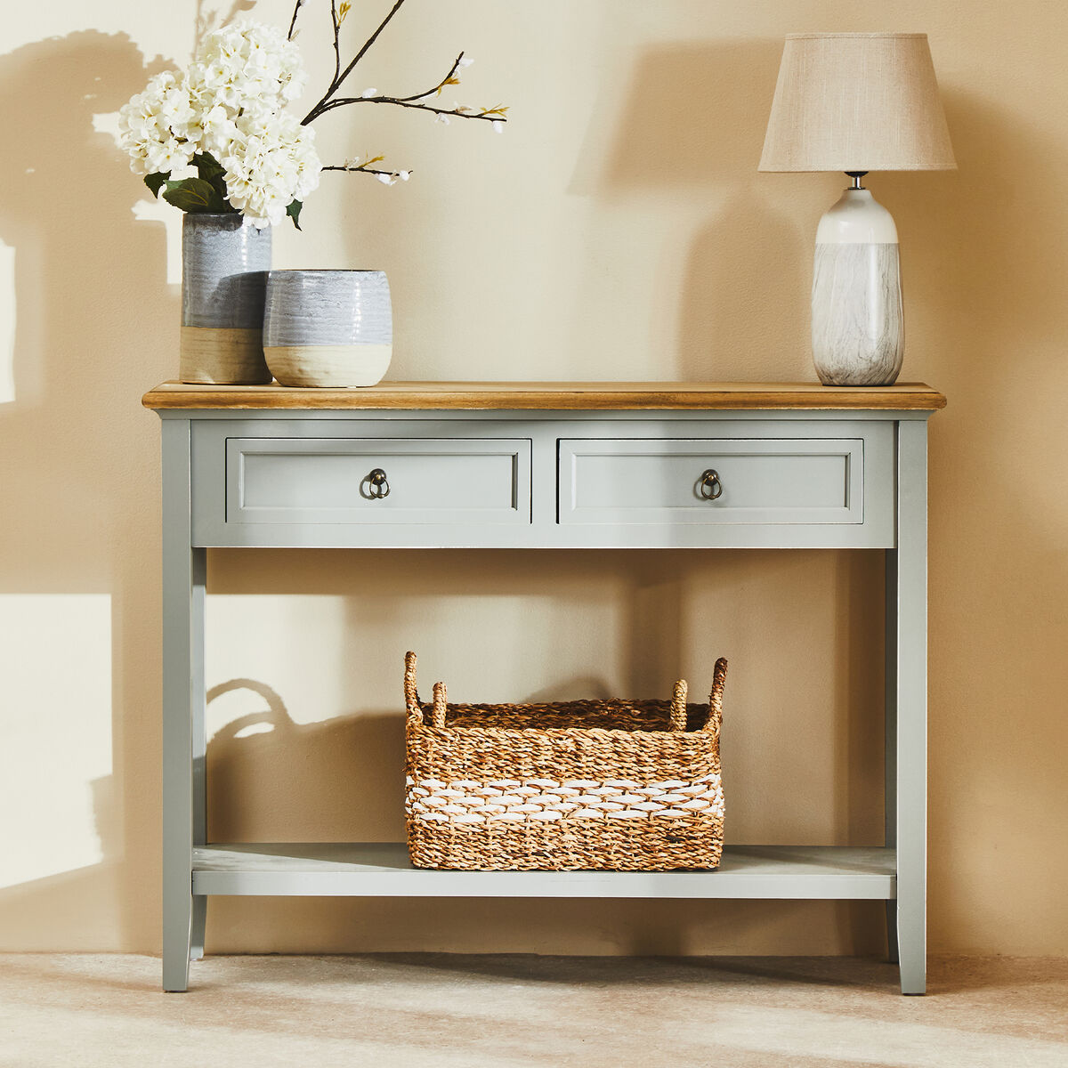 Natural Wooden Top and Grey Wooden Frame Console Table with 2 Drawers and Metal Ring Handles, Henley