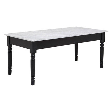 White and Grey Veining Marble Top Coffee Table with Black Carved Wooden Legs, Henley