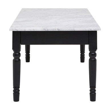 White and Grey Veining Marble Top Coffee Table with Black Carved Wooden Legs, Henley