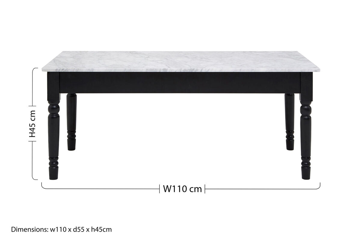White and Grey Veining Marble Top Coffee Table with Black Carved Wooden Legs, Henley