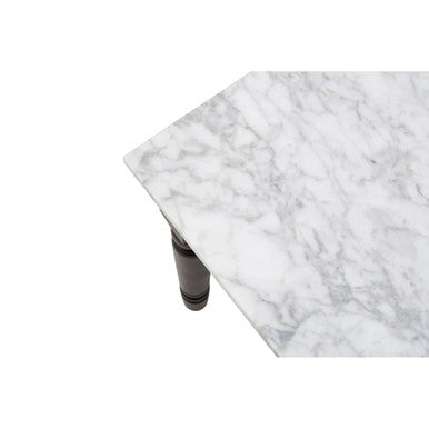 White and Grey Veining Marble Top Coffee Table with Black Carved Wooden Legs, Henley