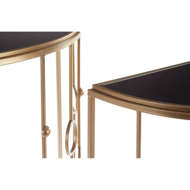 Set of 2 Art Deco Black Glass Tops Console Tables with Gold Slim Vertical Lines Frame, Faiza