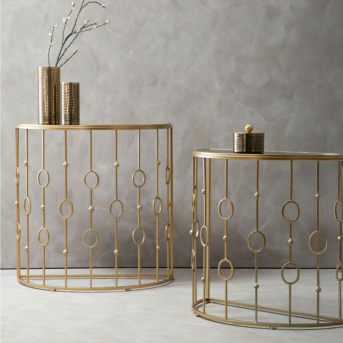 Set of 2 Art Deco Black Glass Tops Console Tables with Gold Slim Vertical Lines Frame, Faiza