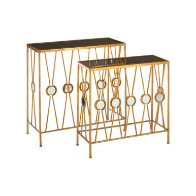 Set of 2 Art Deco Black Glass Top Console Tables with Gold Finish Metal Base, Faiza