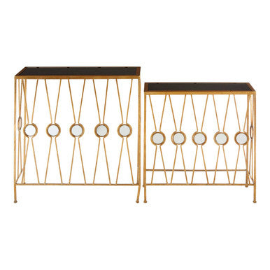 Set of 2 Art Deco Black Glass Top Console Tables with Gold Finish Metal Base, Faiza