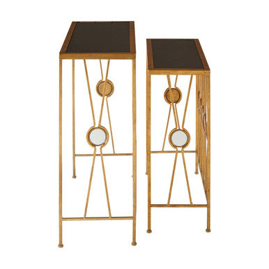 Set of 2 Art Deco Black Glass Top Console Tables with Gold Finish Metal Base, Faiza