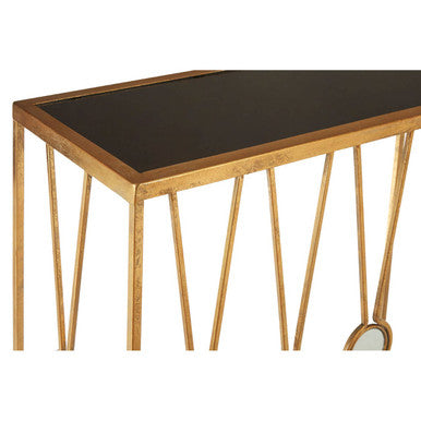 Set of 2 Art Deco Black Glass Top Console Tables with Gold Finish Metal Base, Faiza