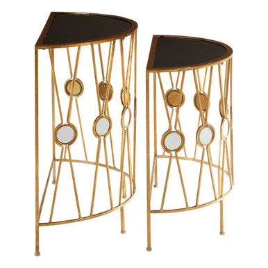 Set of 2 Black Glass Tops Console Tables with Gold Finish Cross Frame, Faiza