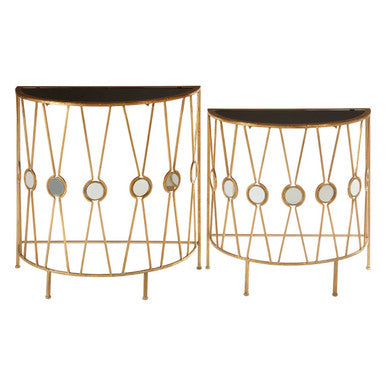 Set of 2 Black Glass Tops Console Tables with Gold Finish Cross Frame, Faiza