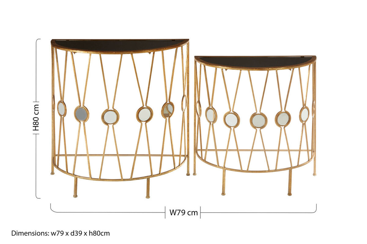 Set of 2 Black Glass Tops Console Tables with Gold Finish Cross Frame, Faiza